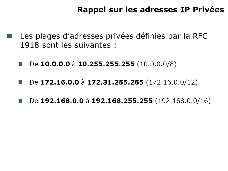 Rappel sur les adresses IP Privées