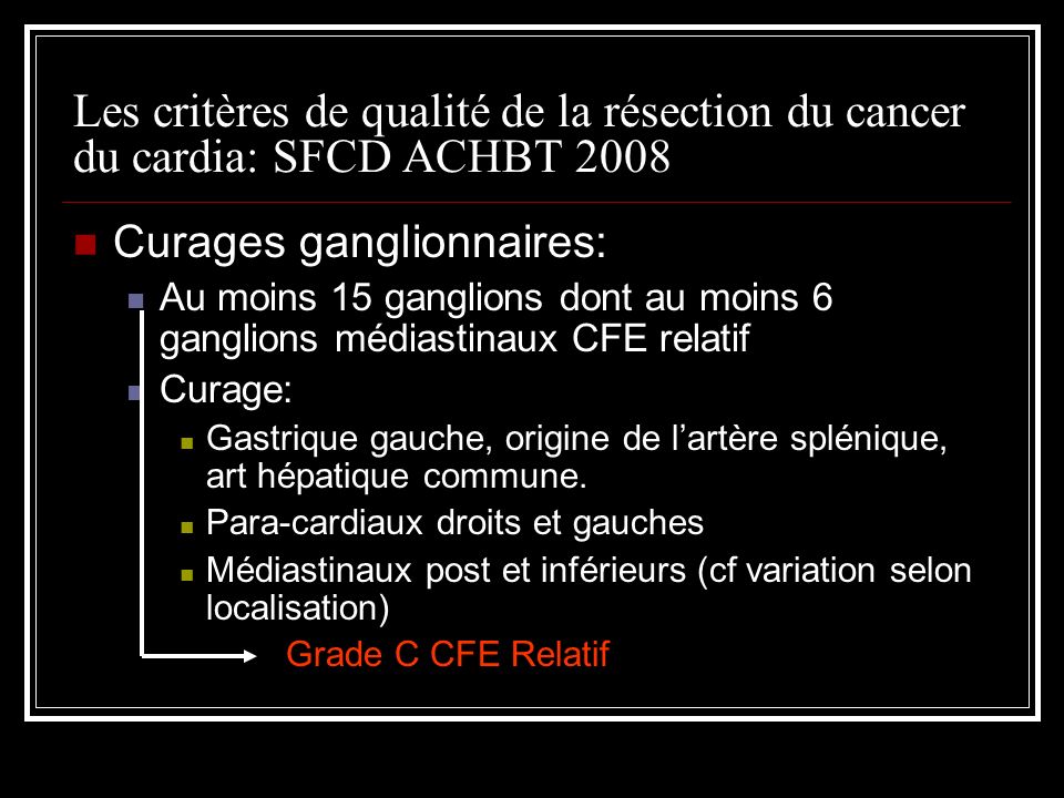 Les critères de qualité de la résection du cancer du cardia: SFCD ACHBT 2008