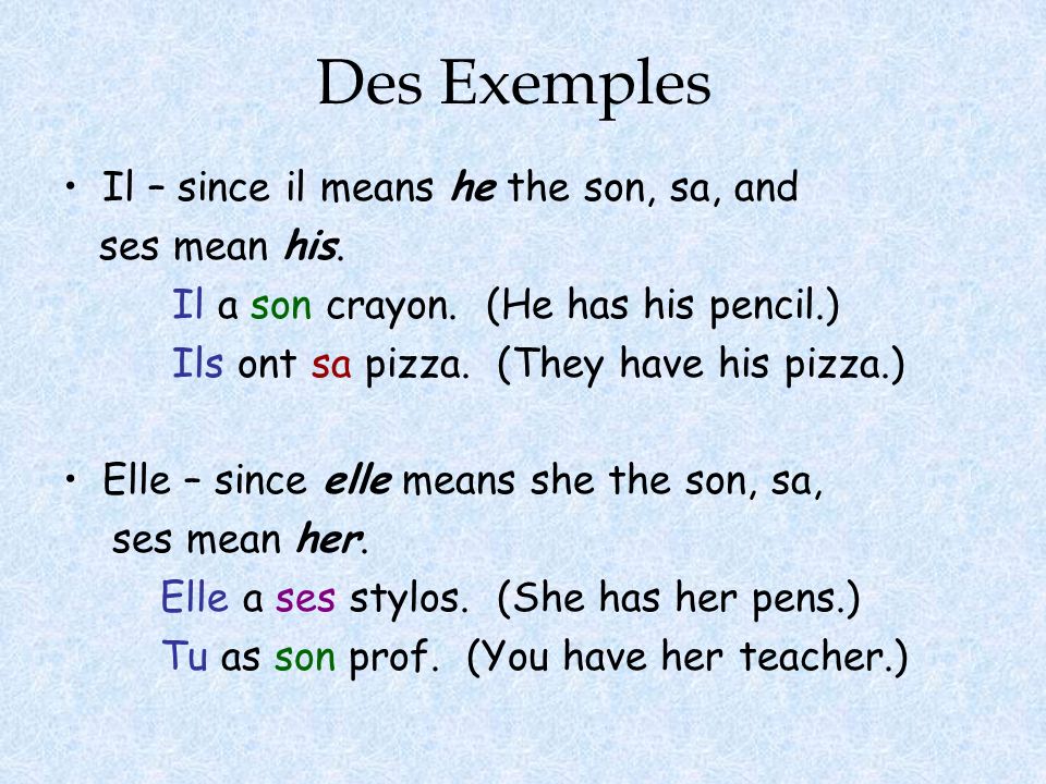Des Exemples Il – since il means he the son, sa, and ses mean his.