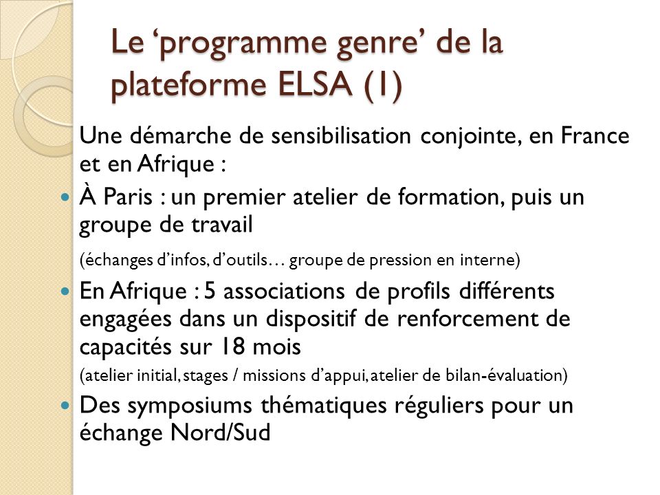 Le ‘programme genre’ de la plateforme ELSA (1)