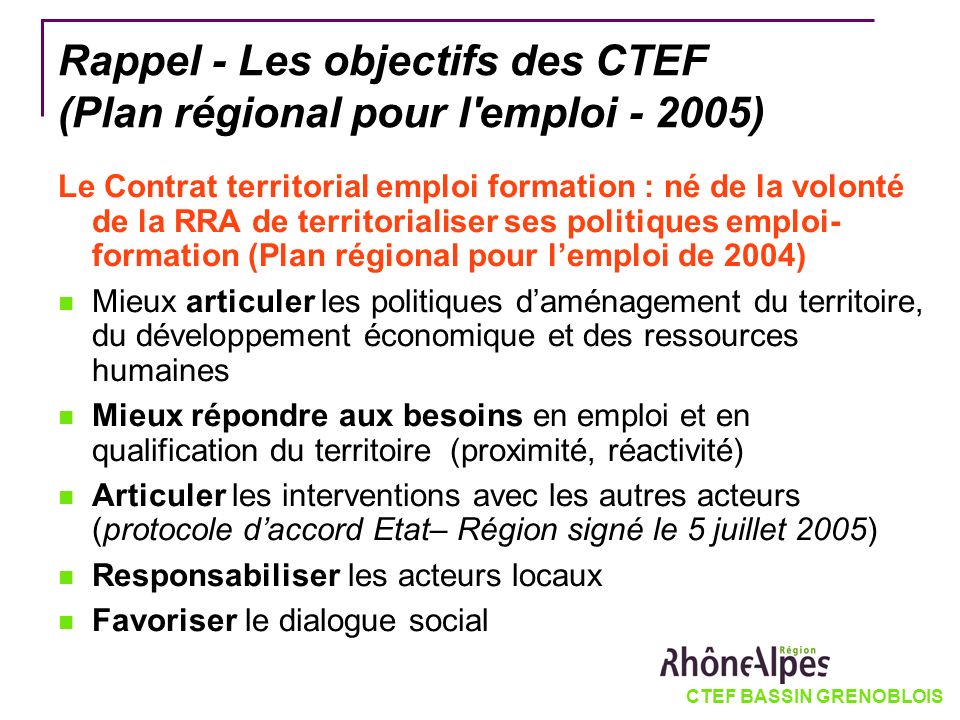 Rappel - Les objectifs des CTEF (Plan régional pour l emploi )