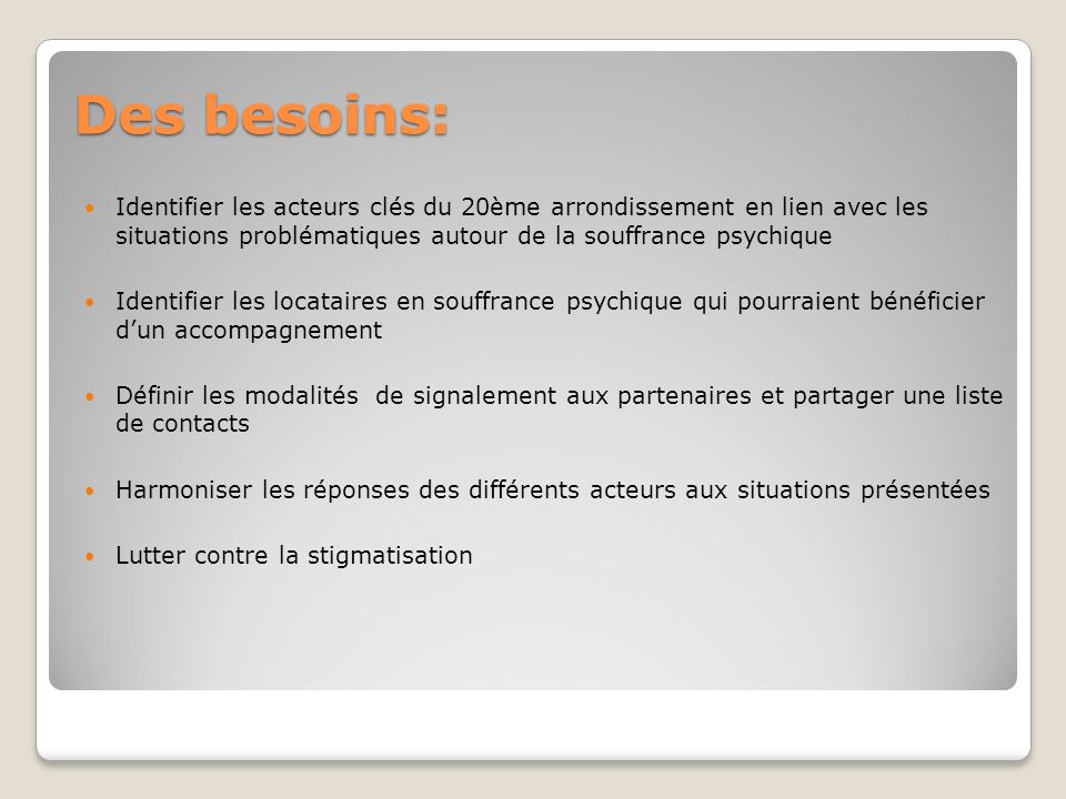 Des besoins: Identifier les acteurs clés du 20ème arrondissement en lien avec les situations problématiques autour de la souffrance psychique.