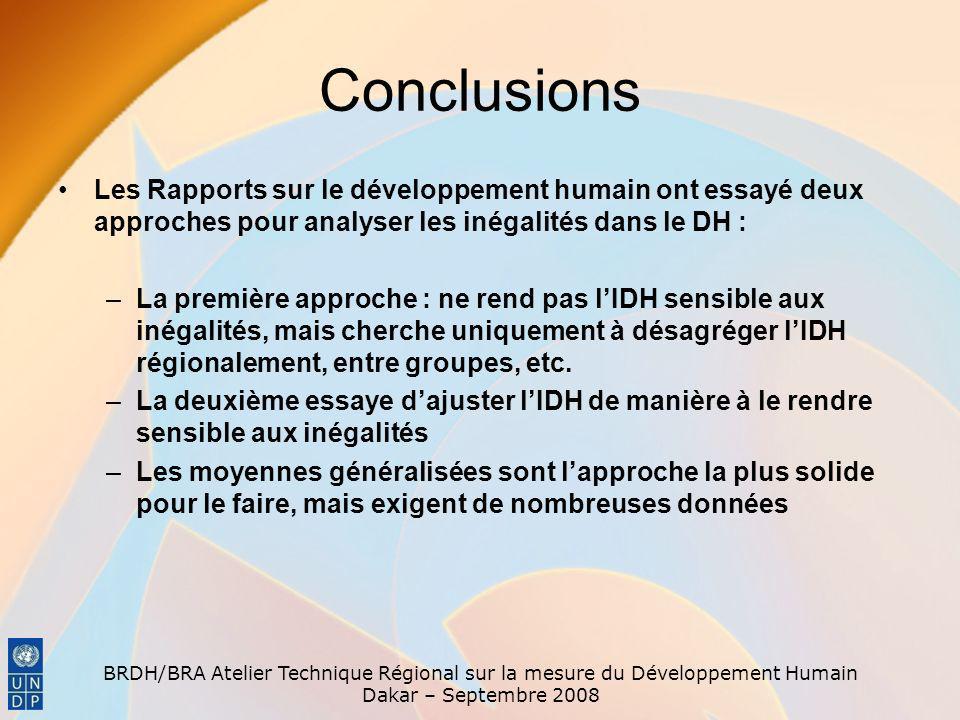 Conclusions Les Rapports sur le développement humain ont essayé deux approches pour analyser les inégalités dans le DH :