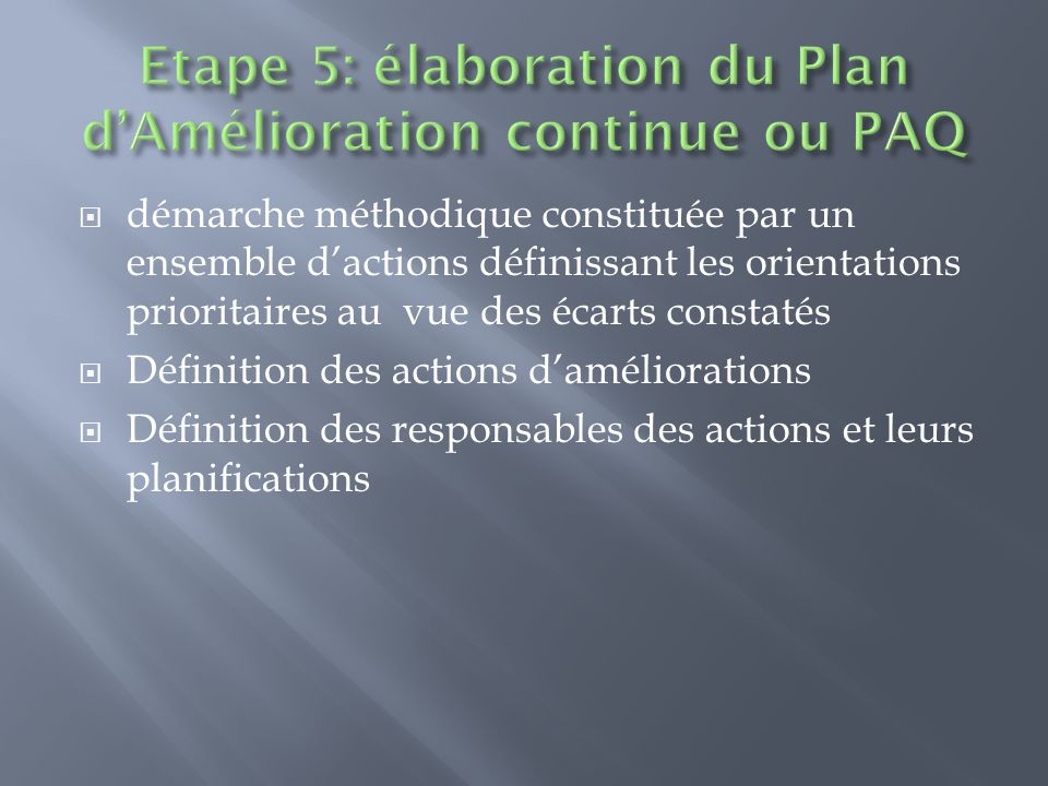 Etape 5: élaboration du Plan d’Amélioration continue ou PAQ