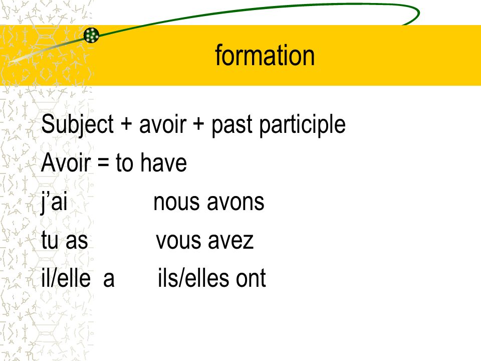 formation Subject + avoir + past participle Avoir = to have