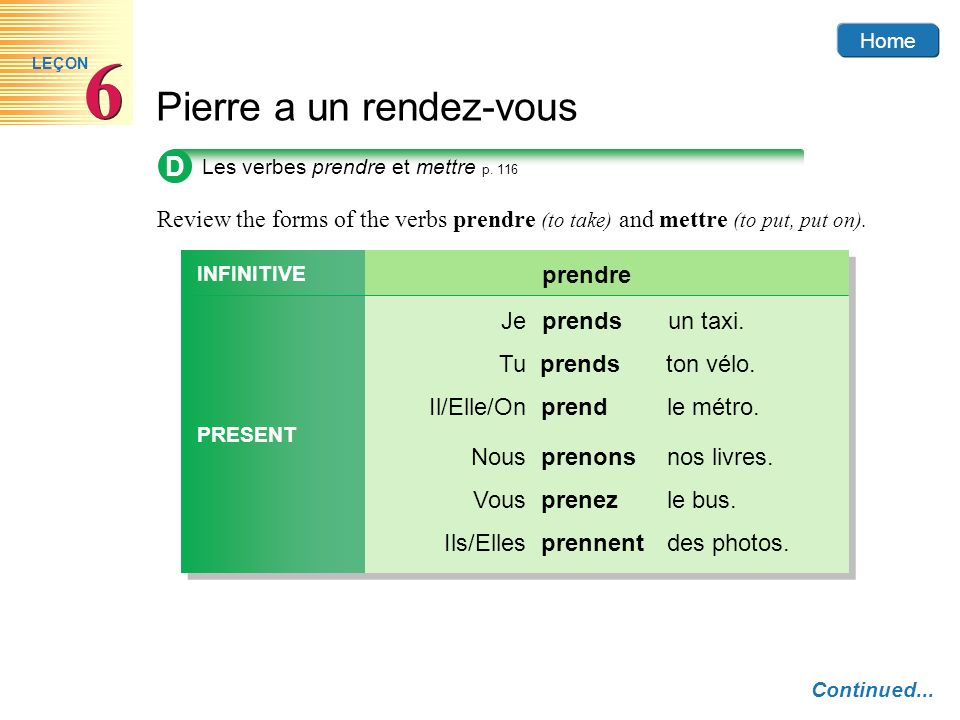 D Les verbes prendre et mettre p Review the forms of the verbs prendre (to take) and mettre (to put, put on).