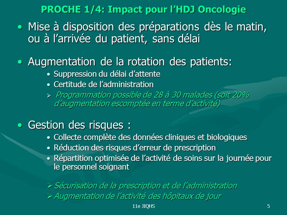 PROCHE 1/4: Impact pour l’HDJ Oncologie