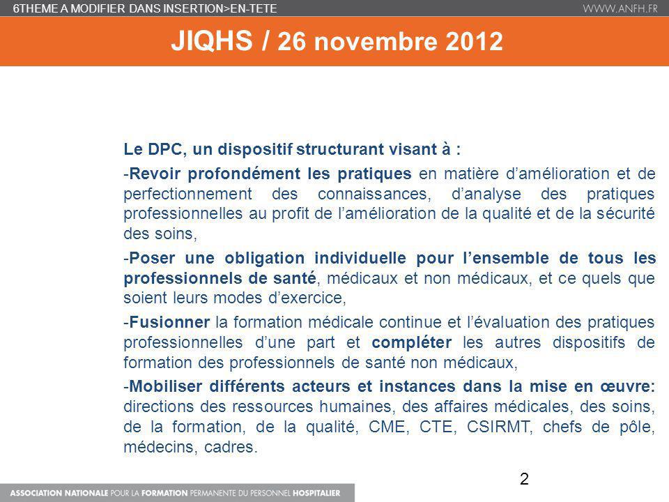 JIQHS / 26 novembre 2012 Le DPC, un dispositif structurant visant à :