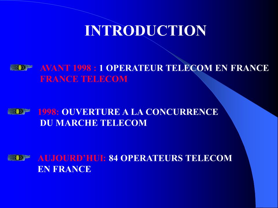 INTRODUCTION AVANT 1998 : 1 OPERATEUR TELECOM EN FRANCE FRANCE TELECOM