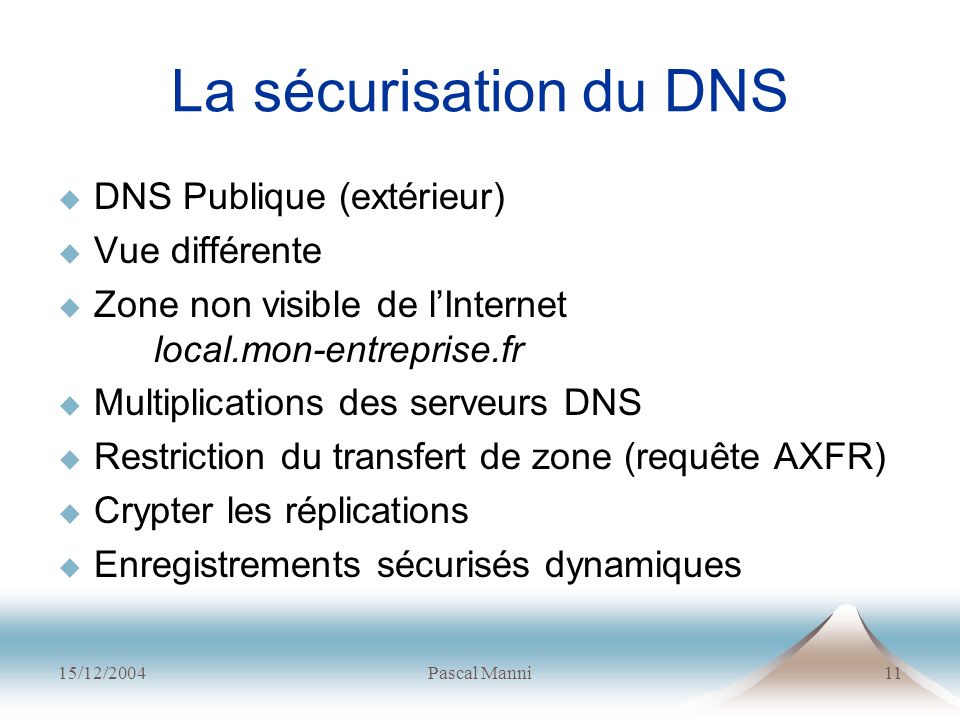 La sécurisation du DNS DNS Publique (extérieur) Vue différente