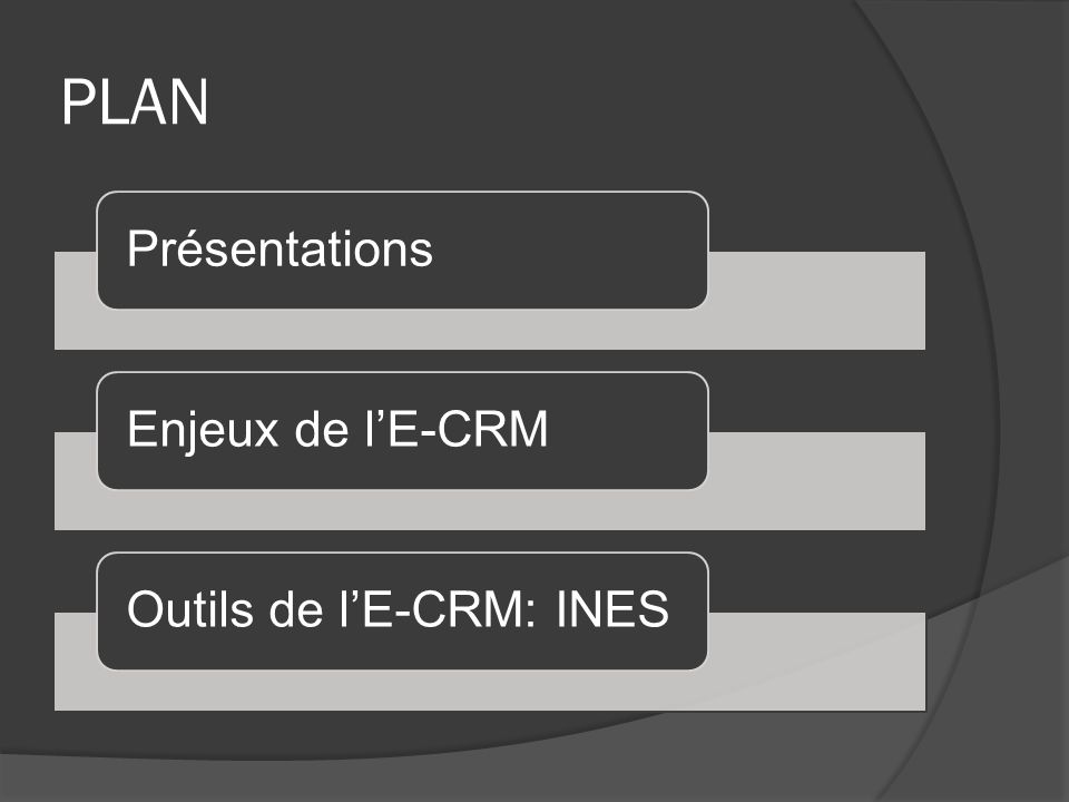 PLAN Présentations Enjeux de l’E-CRM Outils de l’E-CRM: INES