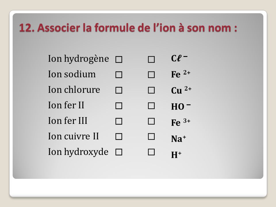 12. Associer la formule de l’ion à son nom :