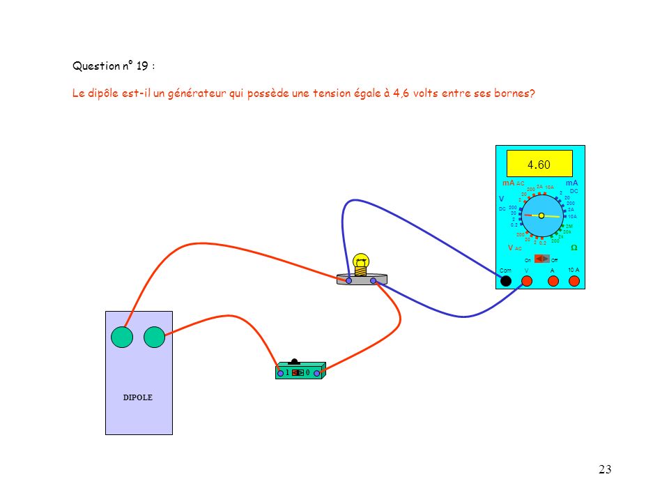 Question n° 19 : Le dipôle est-il un générateur qui possède une tension égale à 4,6 volts entre ses bornes