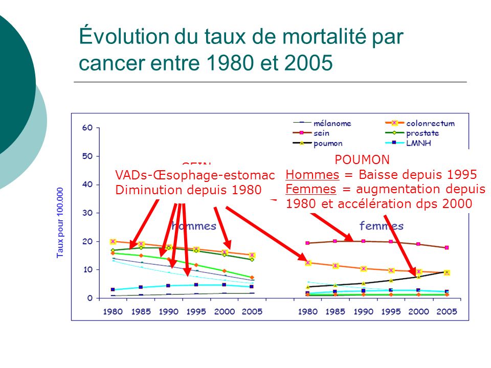 Évolution du taux de mortalité par cancer entre 1980 et 2005