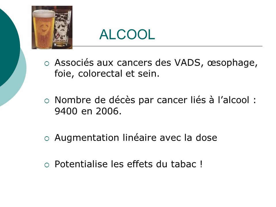 ALCOOL Associés aux cancers des VADS, œsophage, foie, colorectal et sein. Nombre de décès par cancer liés à l’alcool : 9400 en
