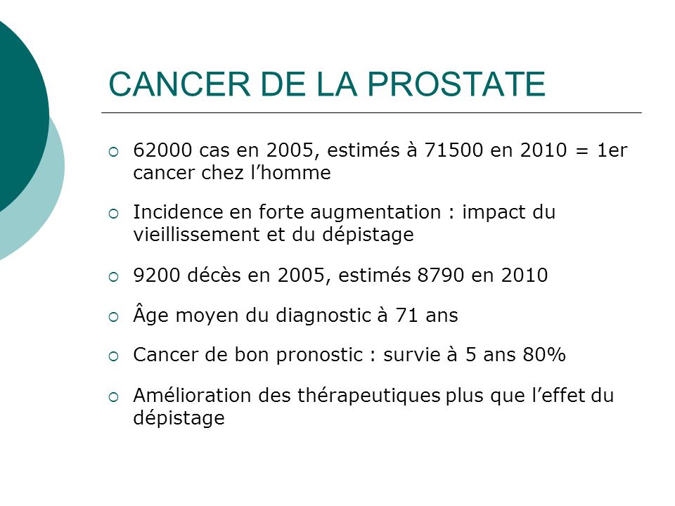 CANCER DE LA PROSTATE cas en 2005, estimés à en 2010 = 1er cancer chez l’homme.