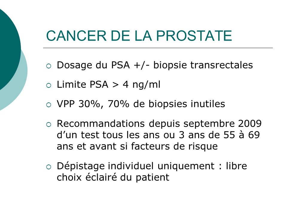 CANCER DE LA PROSTATE Dosage du PSA +/- biopsie transrectales