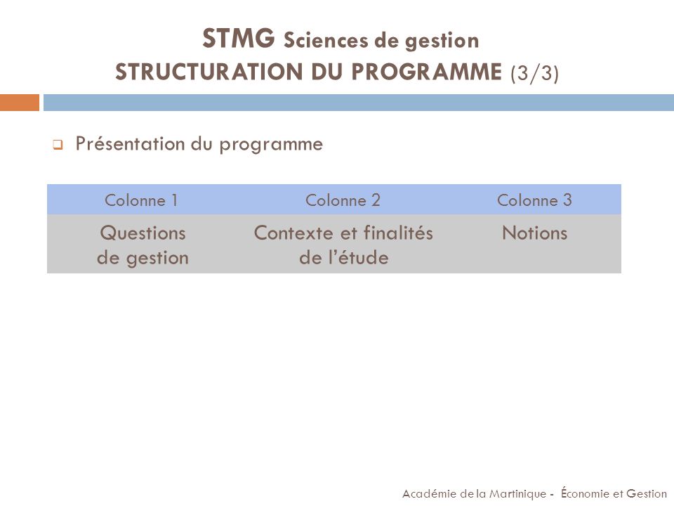 STMG Sciences de gestion STRUCTURATION DU PROGRAMME (3/3)