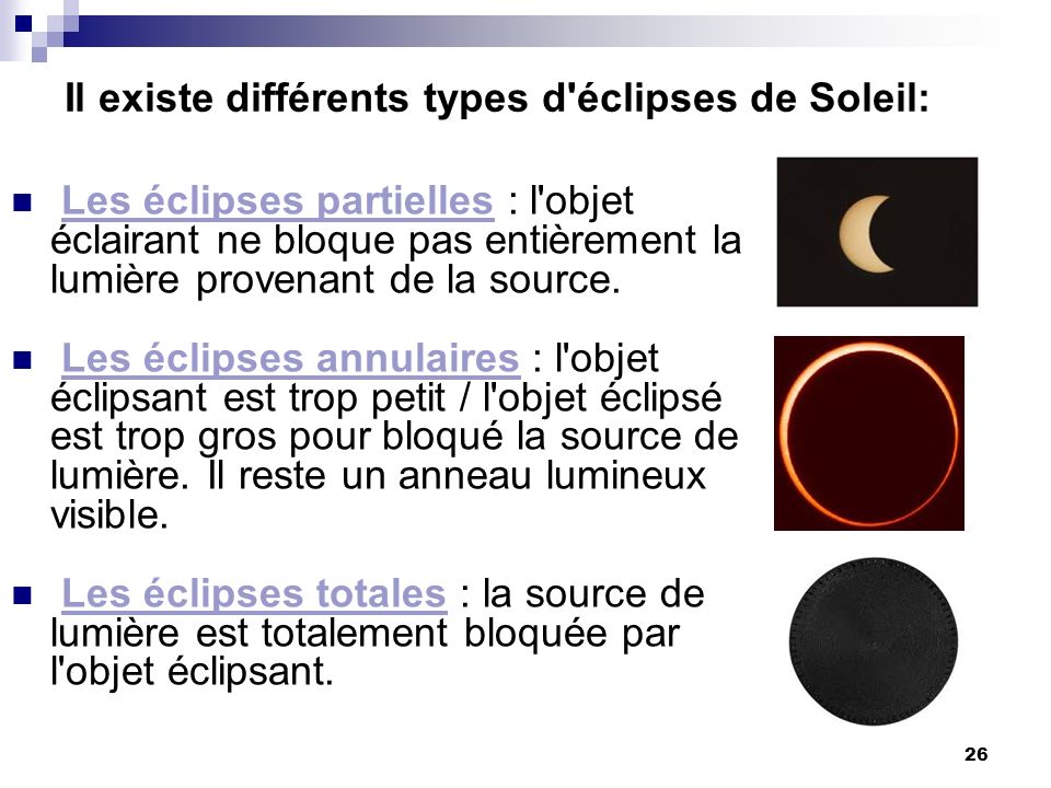 Il existe différents types d éclipses de Soleil: