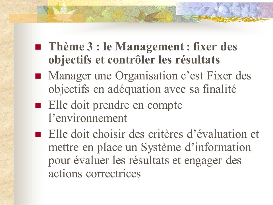 Thème 3 : le Management : fixer des objectifs et contrôler les résultats