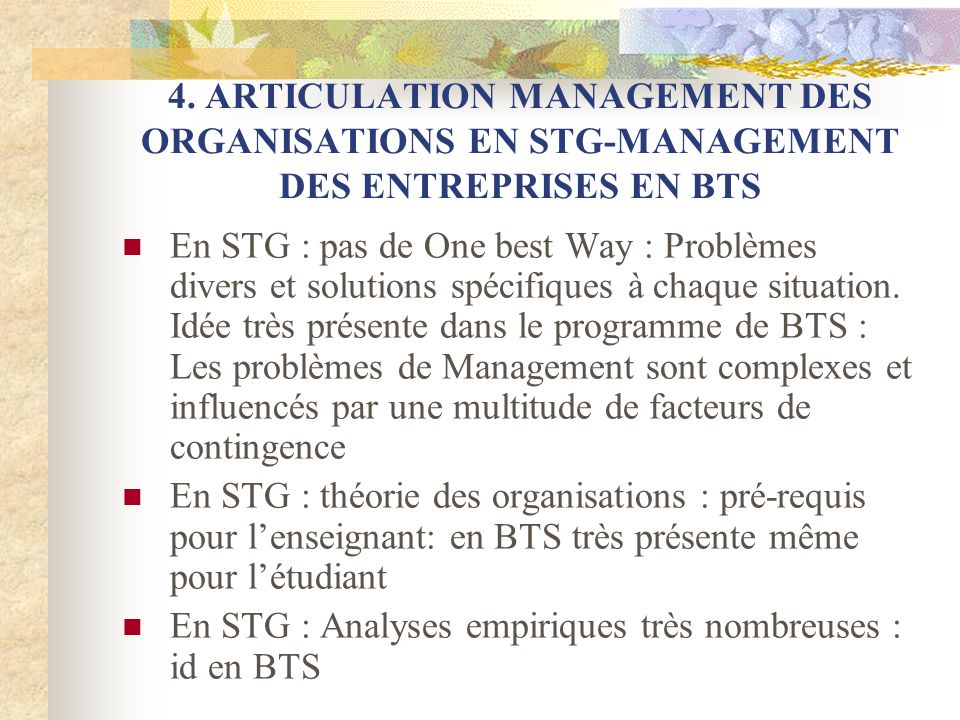 4. ARTICULATION MANAGEMENT DES ORGANISATIONS EN STG-MANAGEMENT DES ENTREPRISES EN BTS