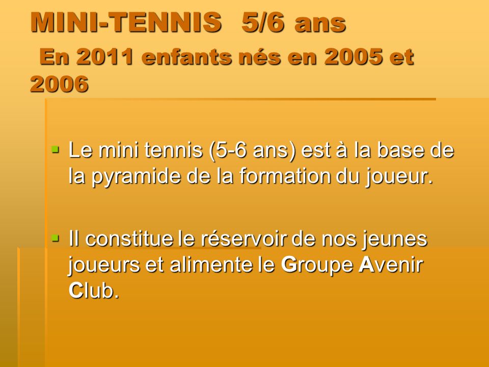 MINI-TENNIS 5/6 ans En 2011 enfants nés en 2005 et 2006