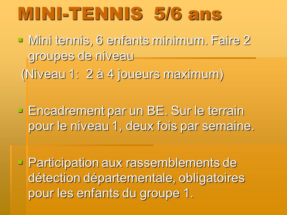 MINI-TENNIS 5/6 ans Mini tennis, 6 enfants minimum. Faire 2 groupes de niveau. (Niveau 1: 2 à 4 joueurs maximum)
