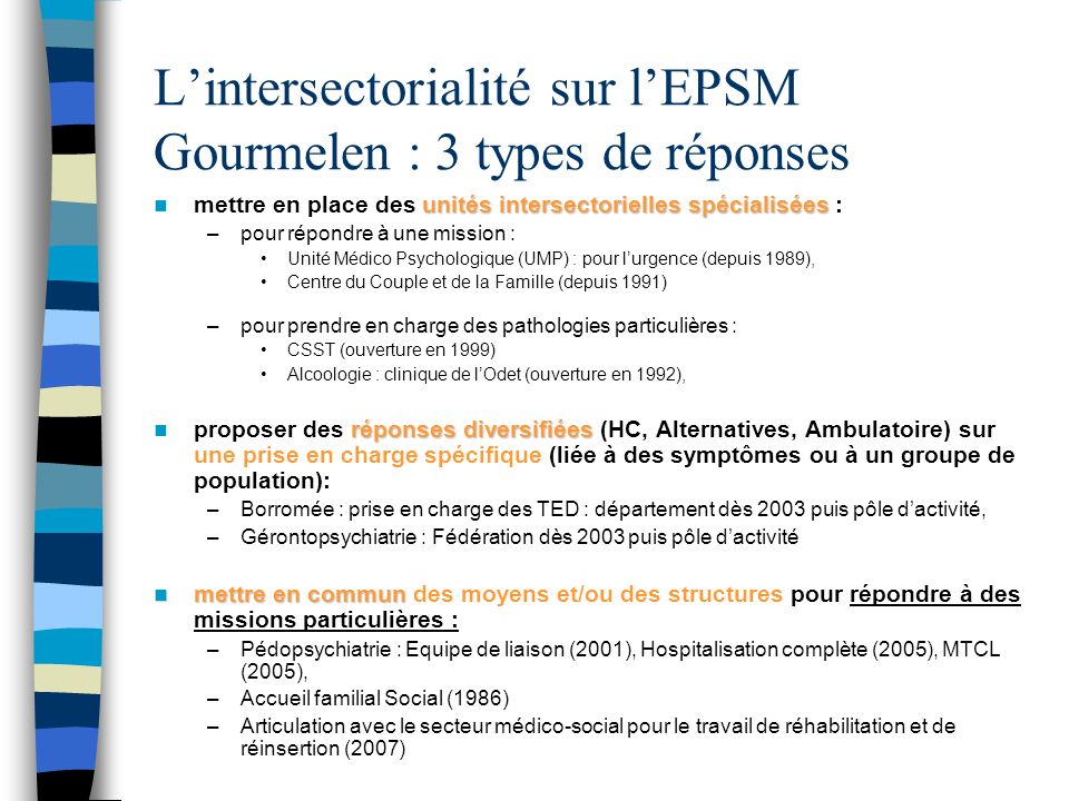 L’intersectorialité sur l’EPSM Gourmelen : 3 types de réponses