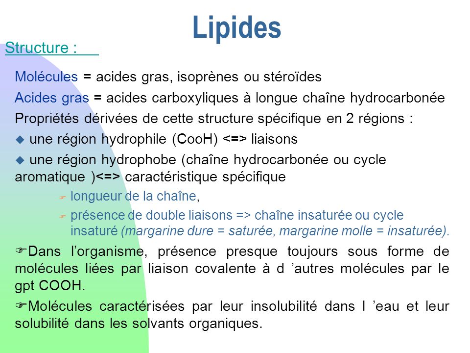 Lipides Structure : Molécules = acides gras, isoprènes ou stéroïdes