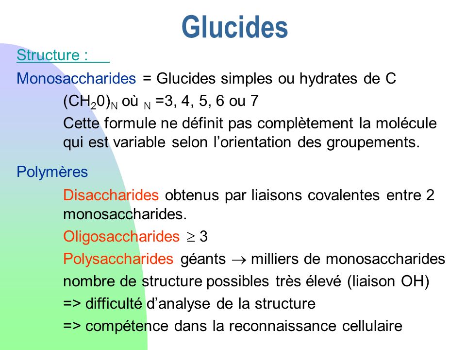 Glucides Structure : Monosaccharides = Glucides simples ou hydrates de C. (CH20)N où N =3, 4, 5, 6 ou 7.