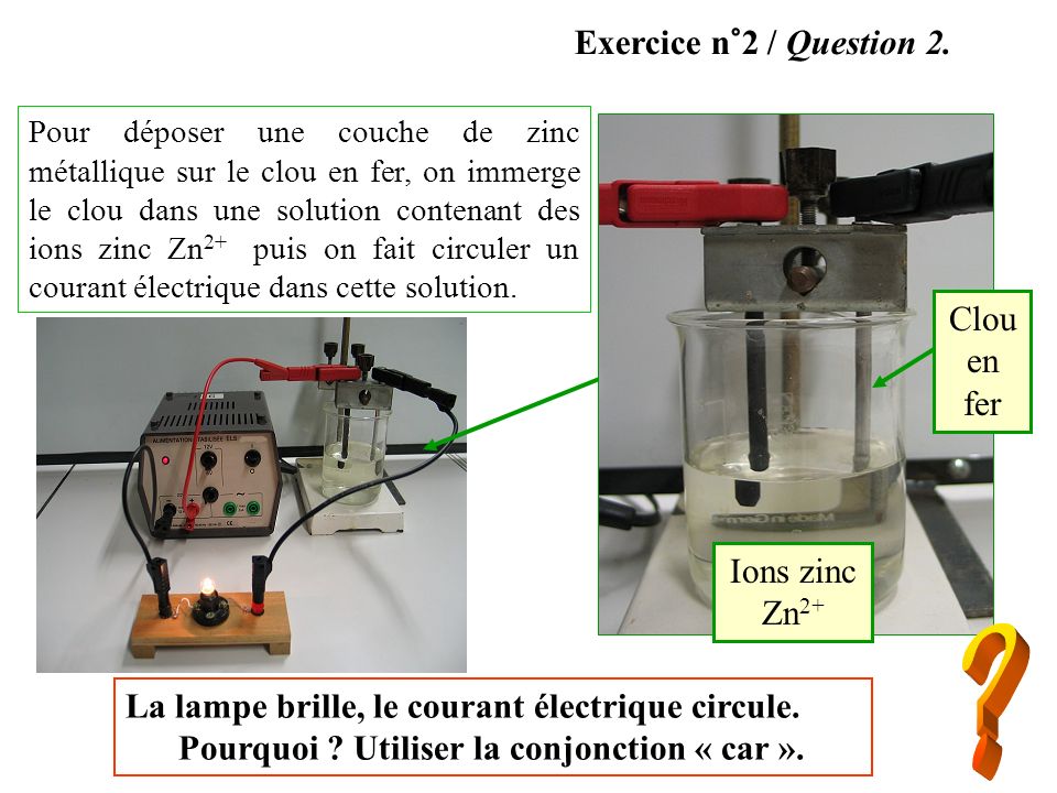 Exercice n°2 / Question 2. Clou en fer Ions zinc Zn2+
