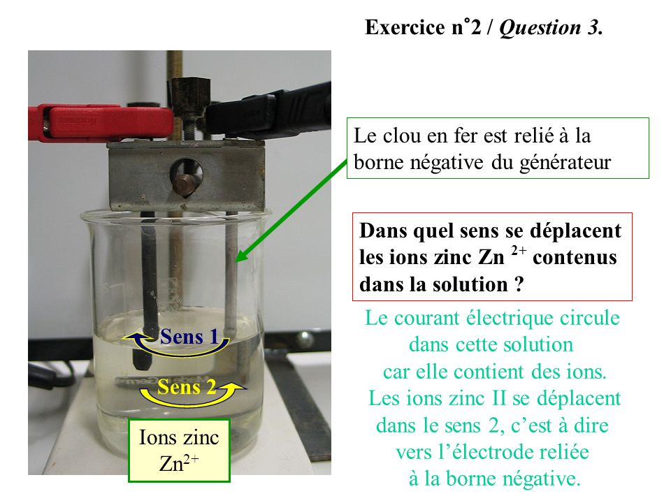 Exercice n°2 / Question 3. Le clou en fer est relié à la borne négative du générateur.