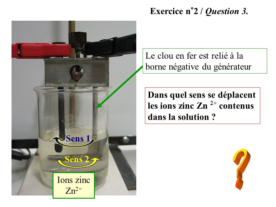 Exercice n°2 / Question 3. Le clou en fer est relié à la borne négative du générateur.