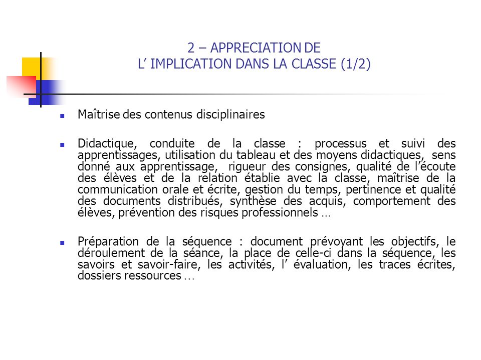 2 – APPRECIATION DE L’ IMPLICATION DANS LA CLASSE (1/2)