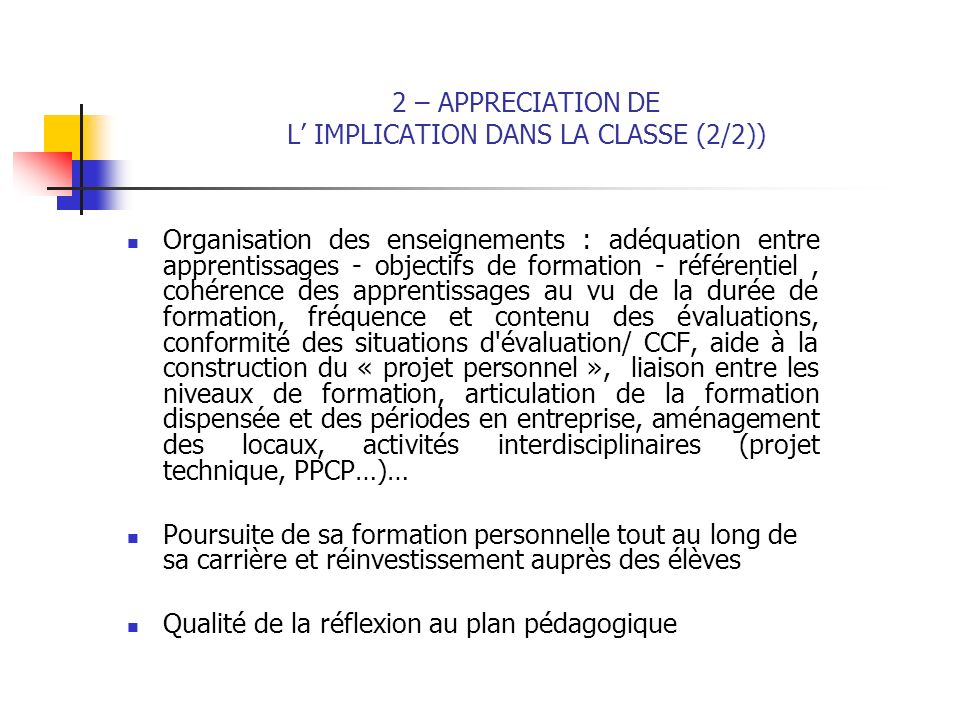 2 – APPRECIATION DE L’ IMPLICATION DANS LA CLASSE (2/2))