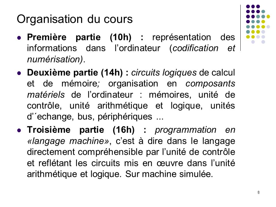 Organisation du cours Première partie (10h) : représentation des informations dans l’ordinateur (codification et numérisation).