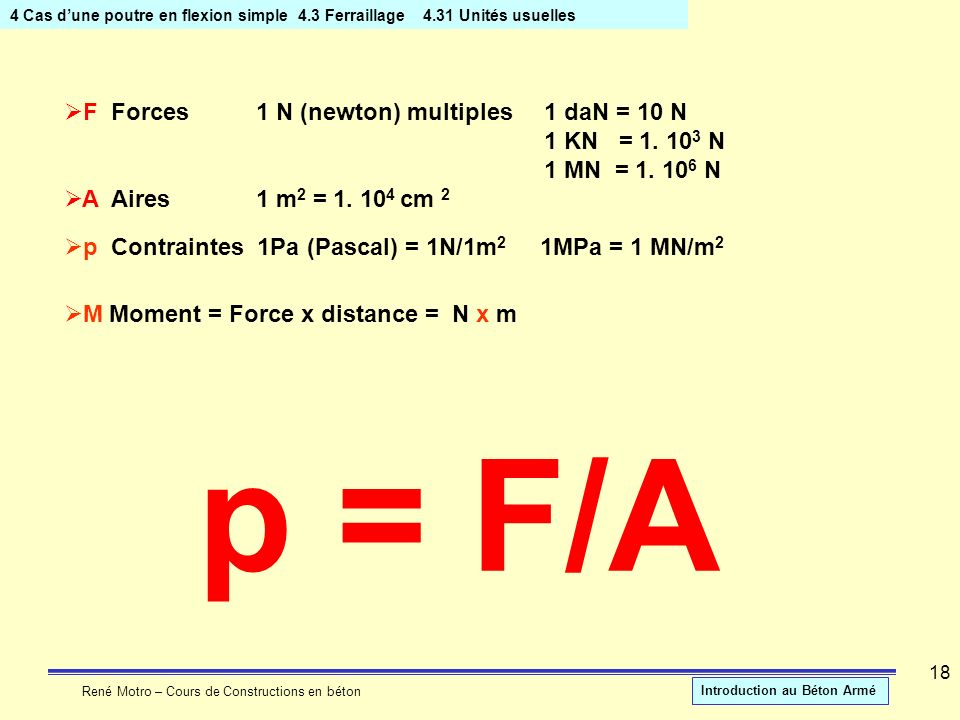 p = F/A F Forces 1 N (newton) multiples 1 daN = 10 N 1 KN = N
