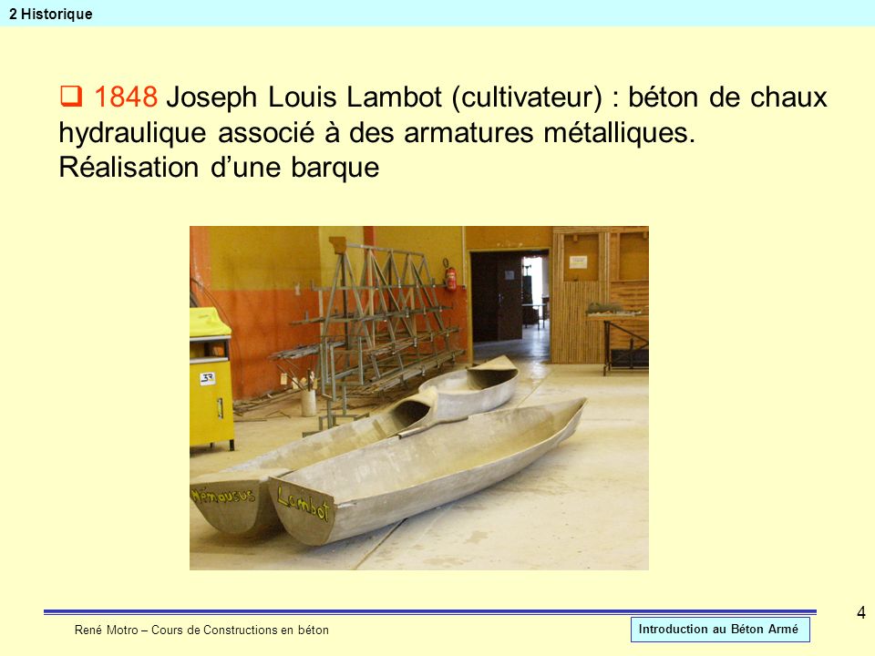2 Historique 1848 Joseph Louis Lambot (cultivateur) : béton de chaux hydraulique associé à des armatures métalliques.