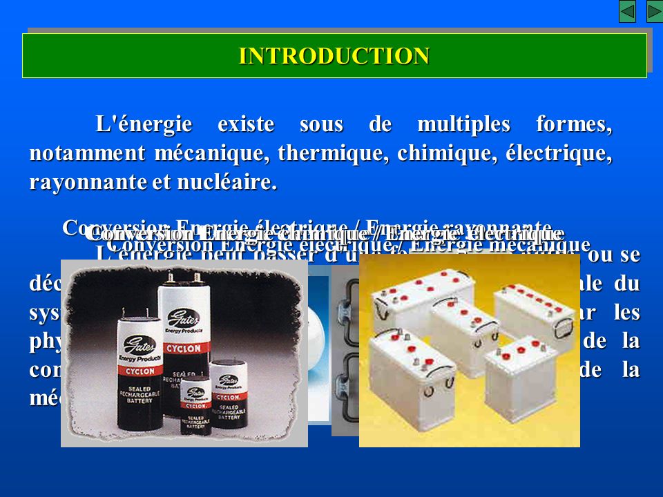 INTRODUCTION L énergie existe sous de multiples formes, notamment mécanique, thermique, chimique, électrique, rayonnante et nucléaire.