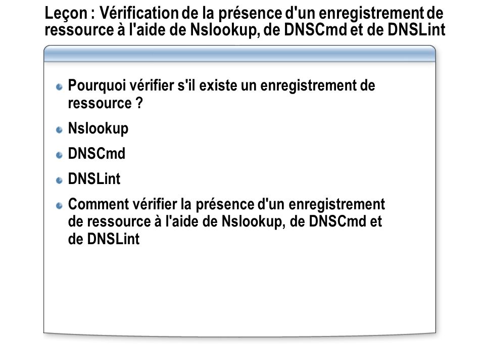 Leçon : Vérification de la présence d un enregistrement de ressource à l aide de Nslookup, de DNSCmd et de DNSLint