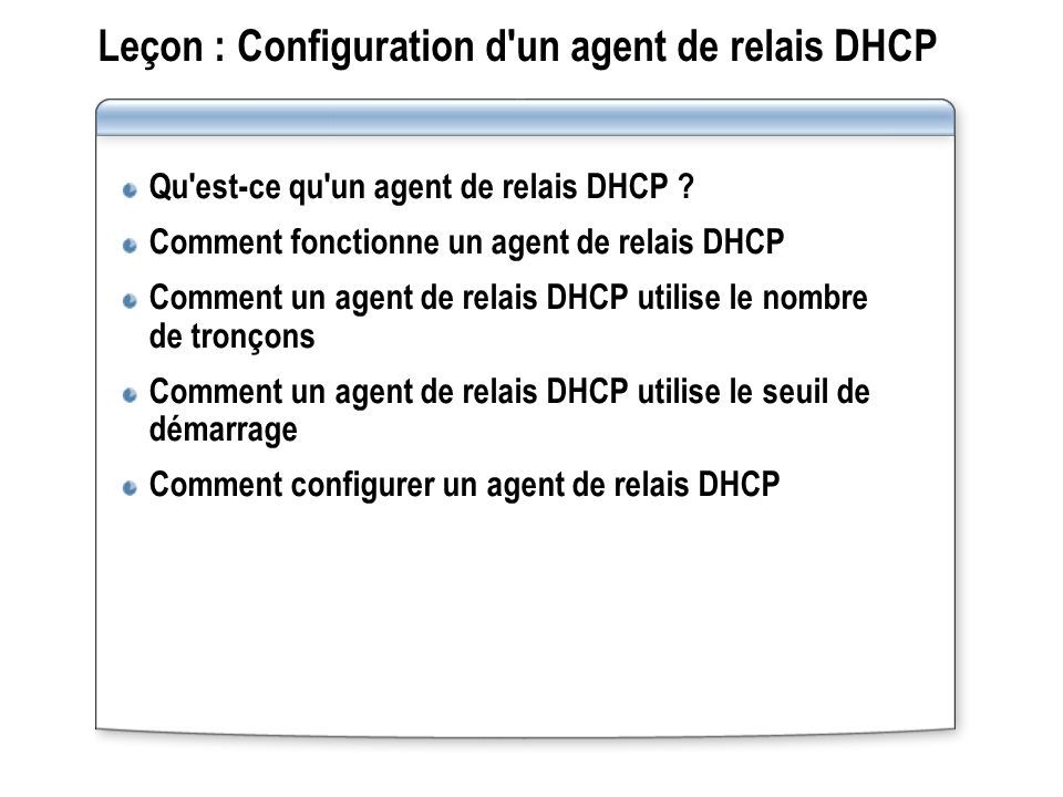 Leçon : Configuration d un agent de relais DHCP