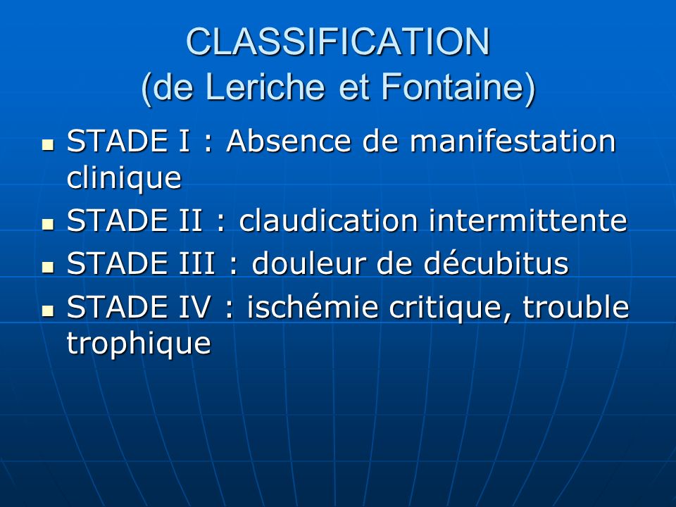 CLASSIFICATION (de Leriche et Fontaine)