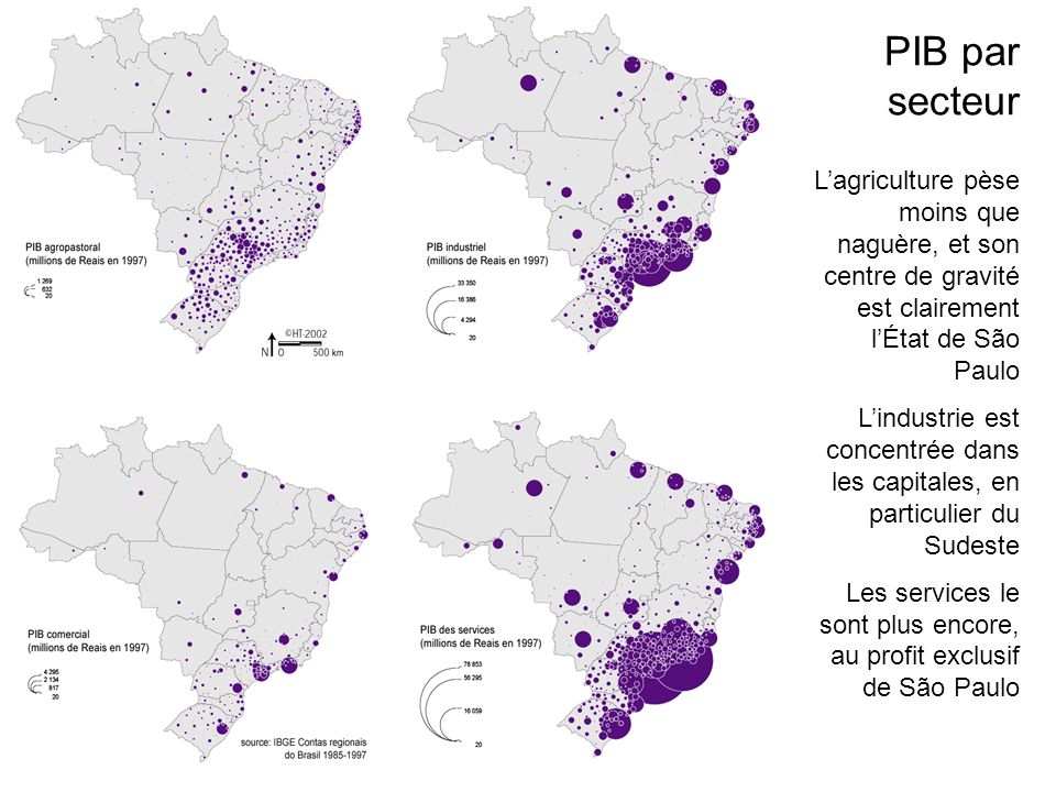 PIB par secteur L’agriculture pèse moins que naguère, et son centre de gravité est clairement l’État de São Paulo.
