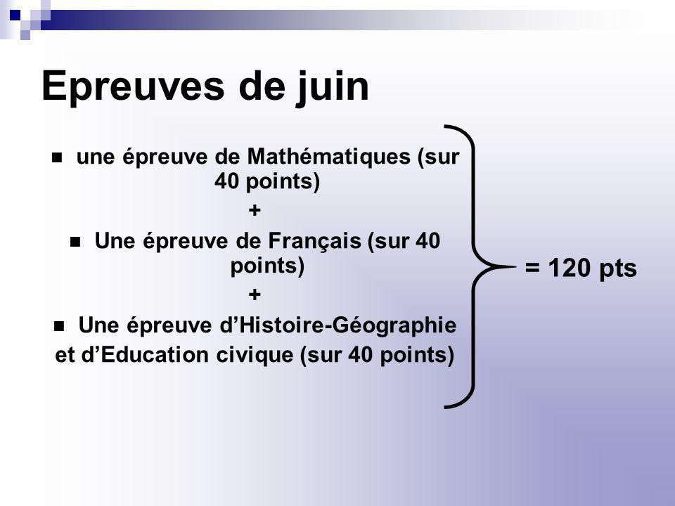 Epreuves de juin une épreuve de Mathématiques (sur 40 points) + Une épreuve de Français (sur 40 points)