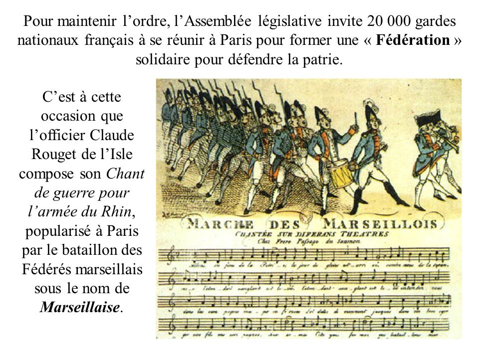 Pour maintenir l’ordre, l’Assemblée législative invite gardes nationaux français à se réunir à Paris pour former une « Fédération » solidaire pour défendre la patrie.