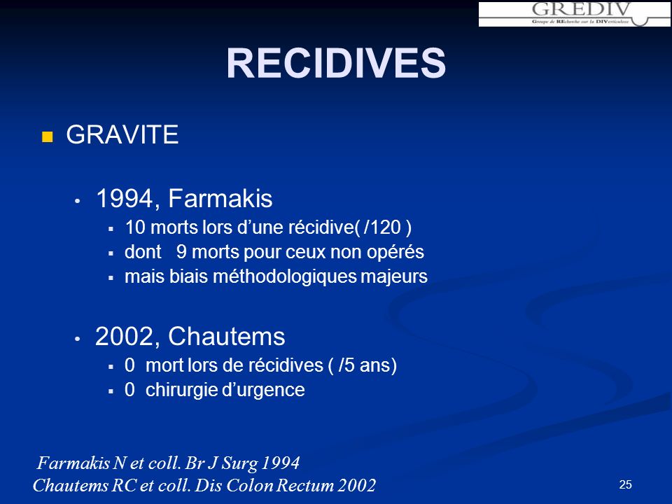 RECIDIVES GRAVITE 1994, Farmakis 2002, Chautems