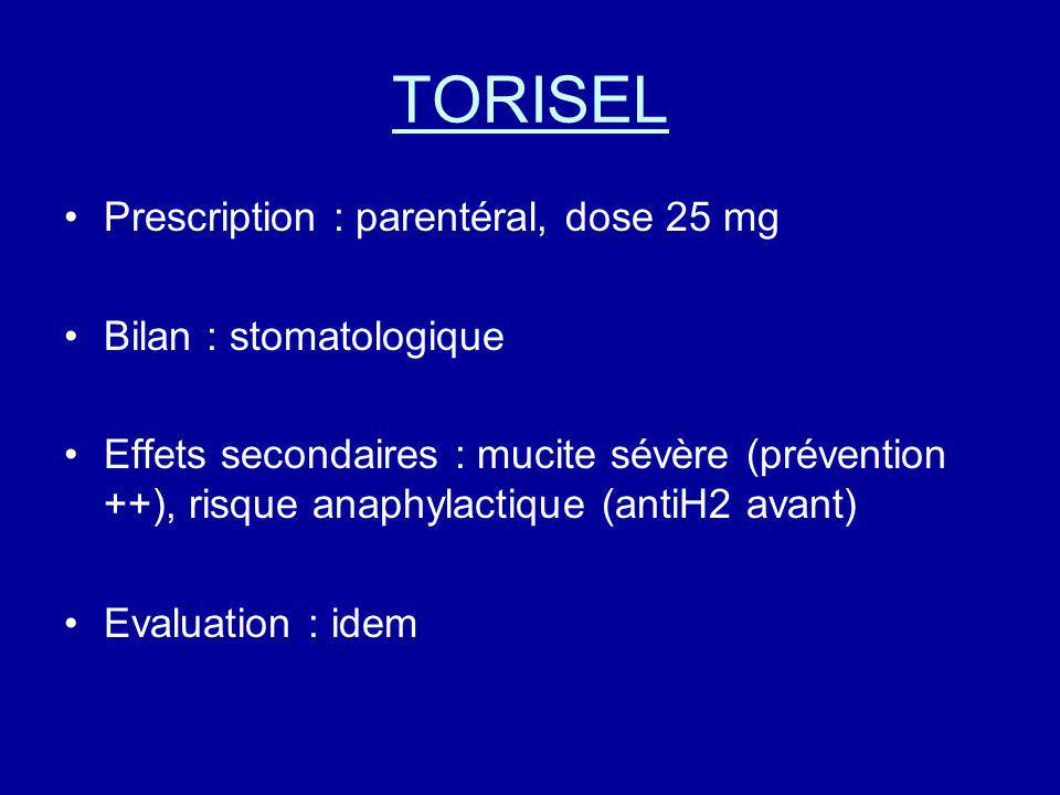 TORISEL Prescription : parentéral, dose 25 mg Bilan : stomatologique