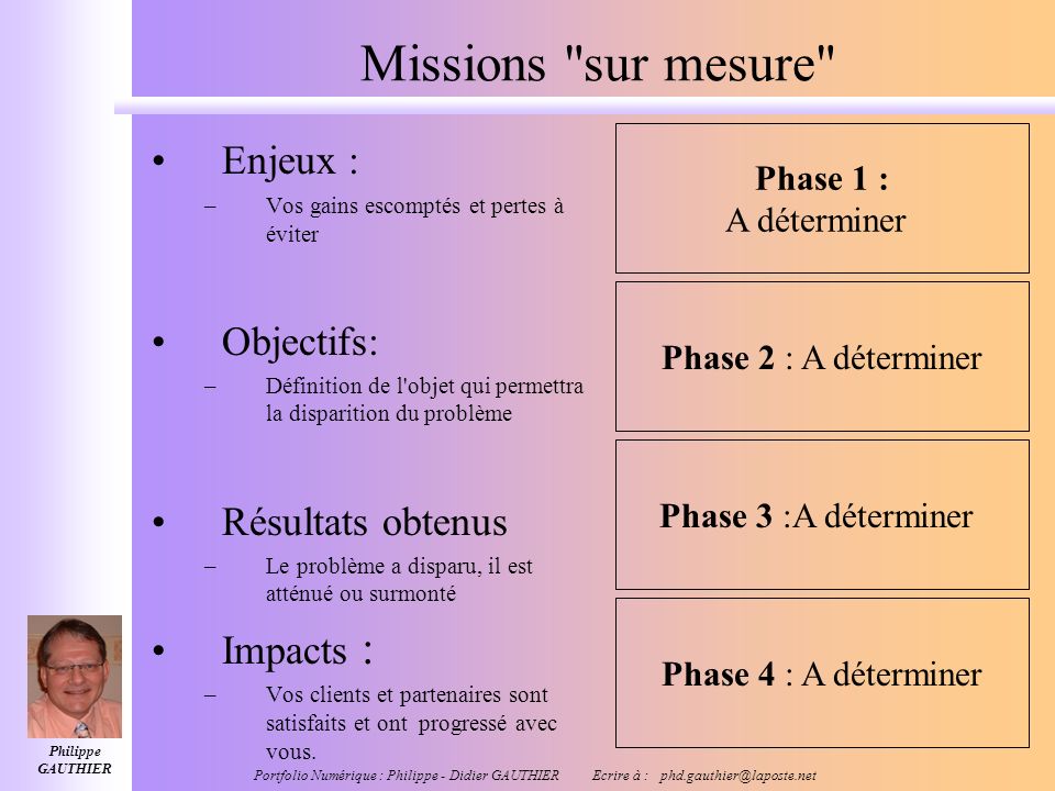 Missions sur mesure Enjeux : Objectifs: Résultats obtenus Impacts :