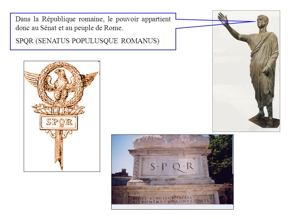 Dans la République romaine, le pouvoir appartient donc au Sénat et au peuple de Rome.