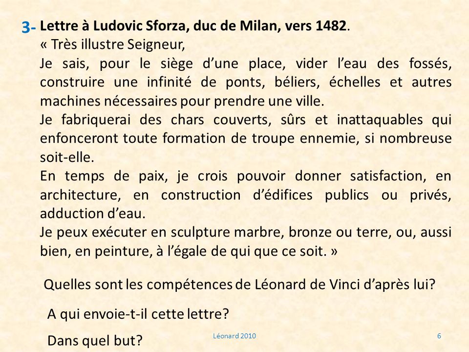 3- Lettre à Ludovic Sforza, duc de Milan, vers 1482.